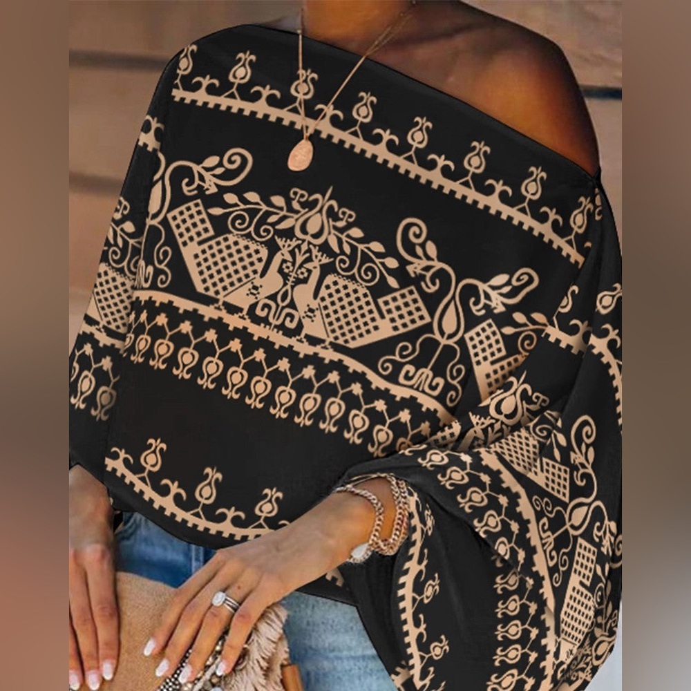Uoozee Tribal Print Lantern Sleeve Top